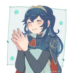 1girl ^_^ artist_name blue_hair blush closed_eyes commentary fire_emblem fire_emblem_awakening gajira_07 long_hair lucina_(fire_emblem) nintendo outside_border own_hands_together smile solo upper_body