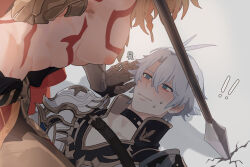 ! !! 2boys antenna_hair armor black_choker black_pants black_shirt blonde_hair blue_eyes blush braid chest_tattoo choker clawed_gauntlets coat elims gradient_hair hair_between_eyes highres holding holding_polearm holding_weapon honkai:_star_rail honkai_(series) large_pectorals male_focus medium_hair multicolored_hair multiple_boys mydei_(honkai:_star_rail) pants pauldrons pectorals phainon_(honkai:_star_rail) polearm red_hair red_tattoo shirt short_hair shoulder_armor side_braid single_pauldron sweat tattoo weapon white_coat white_hair yaoi