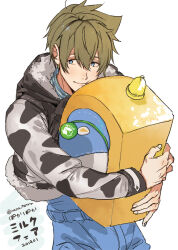 1boy animal_print blonde_hair blue_eyes blue_pants closed_mouth commentary_request cow_print cowboy_shot dated fingernails fur-trimmed_hood fur_trim hair_between_eyes hood hooded_jacket hug idolmaster idolmaster_side-m jacket kashiwagi_tsubasa looking_to_the_side male_focus nana_tetra pants short_hair simple_background solo translation_request twitter_username white_background