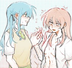2girls aliveone_orz bang_dream! bang_dream!_it&#039;s_mygo!!!!! black_ribbon blue_hair blush chihaya_anon collared_shirt commentary_request dotted_background fang flying_sweatdrops green_necktie grey_eyes hair_ribbon haneoka_school_uniform hickey holding_hands long_hair multiple_girls necktie open_clothes open_mouth open_shirt pink_hair ribbon school_uniform shirt skin_fang sweat sweater_vest tears togawa_sakiko two_side_up white_shirt yellow_eyes yellow_sweater_vest yuri