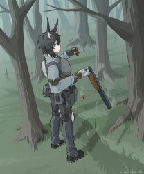 1girl absurdres animal_ears aqua_eyes arbor_spirit black_hair breasts canteen double-barreled_shotgun expressionless forest fox_ears full_body gloves gun handgun highres holding holding_gun holding_weapon large_breasts long_sleeves looking_at_viewer looking_back nature original shotgun shotgun_shell standing tactical_clothes toz-34 tree weapon