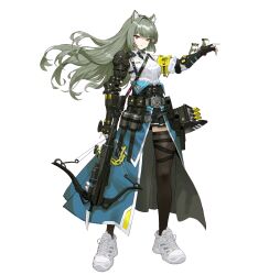 Rule 34 | absurdres, animal ear fluff, animal ears, armband, arowana2111, bayonet, belt, black gloves, black necktie, black skirt, black thighhighs, bow (weapon), cat ears, crossbow, cyborg, fingerless gloves, gloves, green hair, hamster, highres, holding, holding crossbow, holding weapon, holstered, leg ribbon, long hair, mechanical arms, necktie, original, pleated skirt, red eyes, ribbon, shirt, shoes, single mechanical arm, skirt, sneakers, sweater, thighhighs, two-sided fabric, utility belt, waist cape, weapon, white background, white shirt, white shoes, white sweater, yellow armband, zettai ryouiki