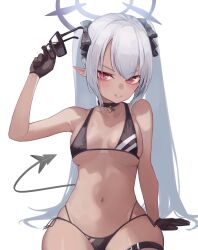 Rule 34 | 1girl, bare shoulders, bikini, black bikini, black choker, black gloves, blue archive, breasts, choker, closed mouth, commentary, dark-skinned female, dark skin, demon girl, demon tail, gloves, grey hair, grey halo, halo, highres, holding, holding removed eyewear, iori (blue archive), iori (swimsuit) (blue archive), jun daniell, long hair, looking at viewer, medium breasts, multi-strapped bikini bottom, navel, official alternate costume, pointy ears, red eyes, ribbon, side-tie bikini bottom, simple background, sitting, smile, solo, stomach, sunglasses, swimsuit, tail, thigh strap, unworn eyewear, white background