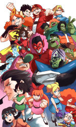 6+boys 6+girls amoeba_brothers black_hair blonde_hair blossom_(ppg) blouse blue_dress blue_eyes boomer_(ppg) bow brain_capsule breasts brick_(ppg) bubbles_(ppg) butch_(ppg) buttercup_(ppg) cleavage closed_mouth colored_skin covered_eyes crown dress earrings everyone facial_hair frown green_dress green_eyes green_skin grin hair_bow hand_on_own_hip hat highres him_(powerpuff_girls) jewelry kneehighs long_hair looking_at_viewer mojo_jojo monocle multiple_boys multiple_girls mustache necklace open_mouth orange_hair parted_lips pink_dress pink_eyes powerpuff_girls professor_utonium red_bow red_skin rowdyruff_boys shirt short_hair simple_background smile socks standing striped_clothes striped_shirt sunglasses teeth tina_fate tongue tongue_out twintails upper_teeth_only v white_background white_shirt