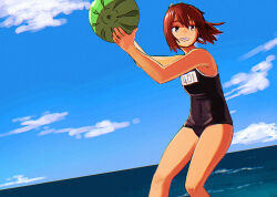 Rule 34 | 1girl, black one-piece swimsuit, brown eyes, brown hair, cloud, day, food, fruit, grin, hair between eyes, holding, holding food, holding fruit, i-401 (kancolle), kantai collection, ocean, one-piece swimsuit, ponytail, school swimsuit, sky, smile, solo, swimsuit, water, watermelon, yue (tada no saboten)