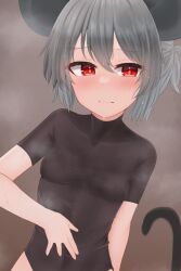 Rule 34 | 1girl, alternate costume, animal ears, black bodysuit, blush, bodysuit, bodysuit under clothes, breasts, check commentary, closed mouth, commentary, commentary request, cowboy shot, dakuazu, grey hair, hair between eyes, jacket, looking at viewer, mouse ears, mouse girl, mouse tail, nazrin, off shoulder, ponytail, red eyes, red jacket, short hair, short ponytail, small breasts, smell, solo, steaming body, sweat, tail, touhou, wet, wet hair