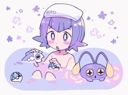 1girl :o bare_shoulders bathing blue_eyes blue_hair blush blush_stickers bright_pupils chinchou cross-shaped_pupils gen_2_pokemon gen_7_pokemon highres holding holding_poke_ball lana_(pokemon) net_ball nintendo no_sclera open_mouth poke_ball pokemon pokemon_(creature) pokemon_sm remoooon short_hair symbol-shaped_pupils towel towel_on_head water white_pupils wishiwashi wishiwashi_(solo)