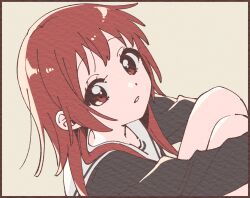 1girl black_border black_shirt border from_side grey_background highres hugging_own_legs knees_up looking_at_viewer medium_hair namori original paper_texture parted_lips red_eyes red_hair sailor_collar school_uniform serafuku shirt simple_background solo white_sailor_collar