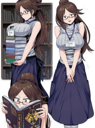 1girl black-framed_eyewear blue_skirt book book_stack bookshelf breast_rest breasts brown_eyes brown_hair carried_breast_rest carrying collage commentary_request glasses grey_sweater hair_ornament highres holding holding_book id_card impossible_clothes impossible_sweater lanyard large_breasts librarian library long_hair long_skirt original parted_bangs pocket reading ribbed_sweater semi-rimless_eyewear shimure_(460) skirt sleeveless sleeveless_turtleneck smile solo sweatdrop sweater turtleneck under-rim_eyewear v_arms
