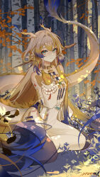 Rule 34 | 1girl, absurdres, ai dongdong, arknights, blonde hair, blue hair, closed mouth, colored skin, dragon girl, dragon horns, dragon tail, earrings, grey hair, highres, horns, jewelry, looking at viewer, multicolored hair, outdoors, shu (arknights), sitting, smile, solo, strapless, tail, tassel, tassel earrings, tube top, white tube top, yellow skin