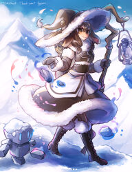 1girl animal_ears backpack bag black_eyes boots brown_dress brown_hair commentary_request dress full_body golem highres hogara holding holding_staff lantern long_hair looking_at_viewer mage_staff magic mountain original outdoors rabbit_ears rabbit_girl snow solo staff walking