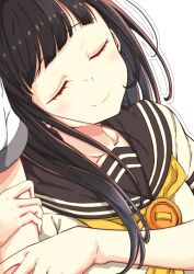 1girl 1other arm_hug black_hair blunt_bangs blush brown_sailor_collar brown_serafuku closed_eyes closed_mouth commentary_request highres long_hair make_heroine_ga_oo_sugiru! mono9ron neckerchief nukumizu_kaju sailor_collar school_uniform serafuku solo_focus upper_body yellow_neckerchief