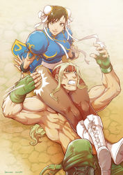 1boy 1girl abs alex_(street_fighter) asphyxiation between_legs between_thighs blonde_hair blue_eyes bracelet breasts brown_eyes brown_hair bun_cover capcom china_dress chinese_clothes chun-li danusko double_bun dress femdom fingerless_gloves gloves hair_bun head_between_thighs headband highres jewelry large_breasts leg_lock long_hair muscular pantyhose scissorhold short_hair signature spiked_bracelet spikes strangling street_fighter street_fighter_iii_(series) tap_out thighs topless_male wrestling