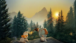 2others absurdres animal_focus backpack bag bandana bird birming flower forest hat highres hood hoodie looking_at_another mountain multiple_others nature original penguin pine_tree rock scenery seal_(animal) sun_hat sunset tree