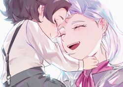 Rule 34 | 1boy, 1girl, :d, aged down, amethio&#039;s mother (pokemon), amethio (pokemon), blush, closed eyes, closed mouth, commentary request, copituji, earrings, eyelashes, glint, happy, highres, jewelry, long hair, nintendo, open mouth, pokemon, pokemon (anime), pokemon horizons, shirt, short hair, shorts, smile, suspenders, teeth, tongue, upper teeth only, white background