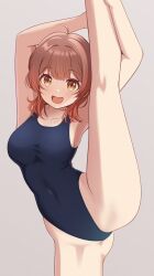 Rule 34 | 1girl, absurdres, ahoge, arm up, armpits, bare shoulders, blue one-piece swimsuit, blush, breasts, brown eyes, brown hair, collarbone, contamination (contami0813), covered navel, gakuen idolmaster, gradient hair, hanami ume, highres, idolmaster, large breasts, leg up, looking at viewer, multicolored hair, navel, one-piece swimsuit, open mouth, school swimsuit, simple background, smile, solo, split, standing, standing on one leg, standing split, swimsuit