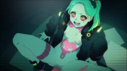 1boy 1girl animated arm_support black_jacket breasts censored colored_sclera cyberpunk_(series) cyberpunk_edgerunners cyborg excited foot_out_of_frame fray_arts from_above green_eyes green_hair hetero jacket leaning_back leg_tattoo loli long_hair long_sleeves looking_at_viewer looking_up matching_hair/eyes naked_jacket neck_tattoo nipples nose open_clothes open_jacket open_mouth penis pov pov_crotch pov_hands pussy rebecca_(cyberpunk) red_sclera sex shoes sitting small_breasts smile sneakers solo_focus sound spread_legs stomach_tattoo tagme tattoo teeth twintails uncensored vaginal video