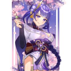 1girl 41008030 absurdres back_bow blue_pupils blunt_bangs blush bow braid breasts bridal_gauntlets cherry_blossoms cleavage clothing_cutout commentary_request dango falling_petals fan_hair_ornament flower food genshin_impact gradient_background gradient_hair hair_flower hair_ornament head_tilt highres holding holding_food japanese_clothes large_breasts long_braid long_hair looking_at_viewer mitsudomoe_(shape) mole mole_under_eye multicolored_eyes multicolored_hair neck_ribbon off_shoulder outdoors panties petals pink_petals purple_eyes purple_flower purple_hair purple_nails purple_panties purple_sky raiden_shogun red_ribbon red_sash ribbon sash shade shoulder_cutout single_braid sky solo standing streaked_hair thighs tomoe_(symbol) tongue tongue_out tree underwear wagashi
