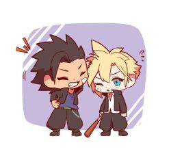 Rule 34 | 2boys, aqua eyes, bandaid, bandaid on face, baseball bat, black boots, black hair, black jacket, black pants, blonde hair, blue shirt, boots, border, chibi, chibi only, chinese commentary, closed mouth, cloud strife, cloud strife (midgard seventh high school), commentary request, delinquent, final fantasy, final fantasy vii, final fantasy vii ever crisis, gakuran, grin, hair between eyes, hair slicked back, hand on another&#039;s head, holding, holding baseball bat, jacket, light blush, lll777777lll, male focus, multiple boys, official alternate costume, one eye closed, pants, parted lips, popped collar, purple background, school uniform, shirt, short hair, smile, spiked hair, teeth, white border, white shirt, zack fair, zack fair (midgard seventh high school)