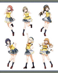 6+girls artbook asaka_karin black_socks blonde_hair blue_eyes blue_ribbon bow brown_hair grey_hair hair_bow hat highres konoe_kanata long_hair looking_at_viewer love_live! love_live!_nijigasaki_high_school_idol_club miyashita_ai multiple_girls nakasu_kasumi non-web_source official_art one_eye_closed open_mouth orange_eyes orange_ribbon osaka_shizuku pink_eyes pink_hair pink_ribbon purple_eyes purple_hair purple_ribbon ribbon short_hair short_sleeves skirt smile socks standing standing_on_one_leg uehara_ayumu white_bow yellow_eyes yellow_ribbon
