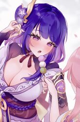 2girls armor artist_name back_bow blunt_bangs blurry blurry_background blush bow breasts bridal_gauntlets cherry_blossoms cleavage clothing_cutout collarbone commentary_request couple dango falling_petals female_pov food genshin_impact grey_background hair_ornament hand_up hands_up highres holding holding_food japanese_clothes jewelry kimono large_breasts light_particles long_hair looking_at_food looking_down looking_to_the_side mitsudomoe_(shape) mole mole_under_eye motion_blur multiple_girls neck_ribbon nose_blush nyamo-lv0 off_shoulder open_mouth pendant petals pink_hair pink_nails pink_petals pov pov_hands purple_hair purple_kimono purple_nails raiden_shogun red_ribbon red_sash ribbon sash short_sleeves shoulder_armor shoulder_cutout simple_background tomoe_(symbol) twitter_username upper_body wagashi watermark white_background yae_miko yuri