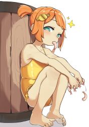 1girl barefoot barrel candy_hair_ornament casual_one-piece_swimsuit commentary driftingtiger english_commentary food-themed_hair_ornament green_eyes hair_ornament loli looking_at_viewer one-piece_swimsuit orange_hair original shrimp side_ponytail simple_background solo sparkle squatting swimsuit white_background yellow_one-piece_swimsuit