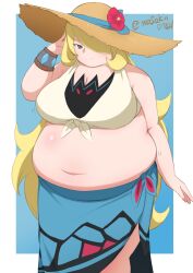 1girl blonde_hair blue_sarong bracelet breasts cleavage crop_top cynthia_(pokemon) cynthia_(summer_2025)_(pokemon) fat fat_woman flower front-tie_top grey_eyes hair_over_one_eye hand_in_own_hair hat hat_flower jewelry large_breasts long_hair masakin mature_female midriff morning_glory navel nintendo one_eye_covered pokemon pokemon_dppt pokemon_masters_ex sarong smile solo standing sun_hat very_long_hair wide_brim