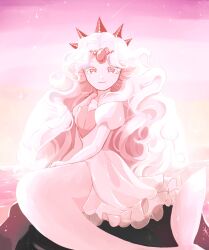 1girl black_pearl_cookie buttercream9627 colored_skin cookie_run cookie_run:_kingdom curly_hair dress elbow_gloves fins gem gloves head_fins highres humanization light_persona long_hair looking_at_viewer mermaid monster_girl multiple_girls pearl_(gemstone) pink_eyes puffy_sleeves smile solo tiara very_long_hair white_hair white_pearl_cookie