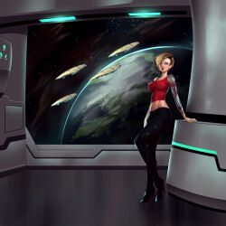 Rule 34 | 1girl, absurdres, amarr empire (eve online), arm tattoo, asymmetrical hair, bare arms, bare shoulders, belt, black belt, black pants, black shoes, blonde hair, blue eyes, breasts, brown hair, capital ship (eve online), carthum conglomerate (eve online), collarbone, commentary, commission, covered erect nipples, cyborg, damillia seraph, eve online, fleet, freighter (eve online), full body, glowing, gradient hair, hauling ship (eve online), high heels, highres, in orbit, indoors, large breasts, linea alba, lips, looking at viewer, mechanical arms, midriff, multicolored hair, nose, original, pants, planet, prosthesis, prosthetic arm, providence (eve online), red lips, red tank top, science fiction, shoes, short hair, single mechanical arm, sky, solo, space, spacecraft, spacecraft interior, standing, star (sky), starry sky, stomach, tank top, tattoo, two-tone hair, uliel, window