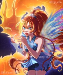 1girl arm_warmers backlighting bare_shoulders bloom_(winx_club) blue_background blue_dress blue_eyes blue_shorts blue_wings braid commentary cowboy_shot dragon dress eastern_dragon eliza_dark english_commentary eyelashes fairy fairy_wings fire flying hair_between_eyes hair_tie halter_dress halterneck happy high_ponytail highres leaning_forward light_blush lipstick long_hair looking_at_animal magical_girl makeup motion_blur multiple_braids orange_hair parted_lips petting pleated_dress ponytail red_lips see-through_arm_warmers short_dress short_shorts shorts shorts_under_dress single_arm_warmer single_bare_arm smile solo sparkle teeth twitter_username very_long_hair watermark white_arm_warmers wings winx_club_(reboot)