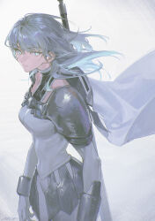 1girl alternate_costume alzi_xiaomi armor arms_at_sides bodysuit bracer breasts cape chinese_commentary claymore_(series) claymore_(sword) closed_mouth commentary_request cosplay cowboy_shot expressionless faulds female_byleth_(enlightened)_(fire_emblem) female_byleth_(fire_emblem) fire_emblem fire_emblem:_three_houses floating_cape floating_hair grey_background grey_hair highres looking_at_viewer medium_breasts medium_hair nintendo parody pauldrons shoulder_armor simple_background solo sword sword_on_back turtleneck weapon weapon_on_back white_bodysuit white_cape white_eyes