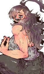 1girl back black_hair blush breasts dark-skinned_female dark_skin haibara_enako haiena_chan_ni_nerawarete highres huge_breasts large_breasts long_hair looking_at_viewer muscular muscular_female own_hands_together pants print_shirt red_eyes sharp_teeth shirt smile solo tall_female teeth toned toned_female zyugoya