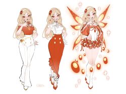 1girl ankle_bow ankle_ribbon asymmetrical_skirt bare_arms bare_shoulders bead_choker beads blonde_hair boots bow bright_pupils buttons chest_jewel choker commentary crop_top diaspro_(winx_club) earrings english_commentary eyeshadow fairy fairy_wings feather_hair_ornament feathers finger_to_mouth floral_print flower frilled_gloves frilled_skirt frills full_body gem glitter gloves gold_necklace hair_beads hair_flower hair_ornament hairband hand_on_own_hip happy high-waist_pants high-waist_skirt high_heel_boots high_heels highres jewelry knee_boots knees lace lace-trimmed_shirt lace_pantyhose lace_trim leotard leotard_under_clothes light_blush lipstick long_hair long_skirt magical_girl makeup microskirt necklace off-shoulder_shirt off_shoulder orange_eyeshadow pants pantyhose pearl_necklace red_choker red_eyes red_flower red_gemstone red_lips red_ribbon red_scarf red_shirt red_shoes red_skirt red_wings redesign reference_sheet ribbon scarf shirt shoes short_sleeves side_slit signature simple_background skirt sparkle stiletto_heels studded_choker studded_hairband two-tone_wings variations very_long_hair white_background white_boots white_bow white_gloves white_hairband white_leotard white_pants white_pantyhose white_pupils white_shirt wide_sleeves wikate wings winx_club yellow_wings