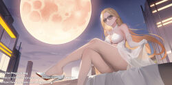 1girl bare_shoulders blonde_hair breasts bridal_gauntlets cityscape dress high_heels highres large_breasts long_hair long_legs looking_at_viewer magic_xiang moon night night_sky original pantyhose shoe_dangle sky smile solo sunglasses thighband_pantyhose thighs wedding_dress white_negligee white_pantyhose