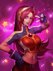 1girl asamiya_athena breasts curvy dress earrings female_focus gloves hairband heart huge_breasts jewelry large_breasts long_hair looking_at_viewer mist_xg one_eye_closed purple_eyes purple_hair shirt skirt smile smiley_face standing star_(symbol) the_king_of_fighters wide_hips wink xgmist