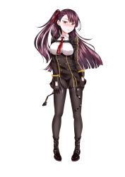 1girl absurdres alice bipod black_gloves black_pantyhose black_shoes blazer blunt_bangs blush braid breasts brown_hair buttons collared_shirt double-breasted embarrassed female_focus floating_hair framed_breasts french_braid from_below full_body girls&#039;_frontline gloves hair_between_eyes hair_ribbon half_updo hand_up hands_on_thighs head_tilt highres jacket large_breasts long_hair looking_at_viewer necktie one_side_up open_mouth pantyhose purple_hair red_eyes red_necktie ribbon shirt shoes sidelocks simple_background solo standing striped_clothes striped_shirt thighband_pantyhose thighs tsurime very_long_hair wa2000_(girls&#039;_frontline) white_background white_shirt
