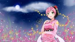 1girl absurdres adore_(adoredesu) bad_anatomy bad_hands black_hair cloud colored_bangs female_focus fireflies flower full_moon hair_flower hair_ornament highres japanese_clothes kimono moon multicolored_hair open_mouth osu! outdoors pink_hair pippi_(osu!) poorly_drawn solo star_(sky) streaked_hair twitter_username two-tone_hair