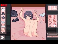 1girl animated anus bar_censor barefoot bed black_hair blinking blush censored cleft_of_venus clitoral_stimulation closed_eyes completely_nude disembodied_hand egg_vibrator fake_screenshot feet female_ejaculation female_orgasm fingering flat_chest full_body gameplay_mechanics hands_up heart heavy_breathing letterboxed loli lying nipples nude on_back on_bed open_mouth orgasm original panties pillow pixel_art pussy pussy_juice recording sex_toy short_hair skirt socks soles sotie spread_legs tagme toes trembling underwear unworn_clothes unworn_panties unworn_skirt unworn_socks user_interface vibrator video