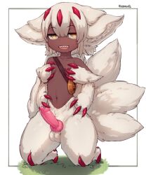 1futa :d animal_penis body_fur breasts claws commission dark-skinned_female dark_skin faputa full_body futanari highres kneeling knotted_penis looking_at_viewer made_in_abyss monster_girl multiple_tails navel nipples open_mouth penis precum seraziel sharp_teeth small_breasts smile solo tail teeth testicles white_fur yellow_eyes