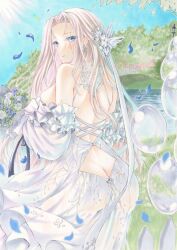 Rule 34 | 1girl, azur lane, backless dress, backless outfit, bare shoulders, blue eyes, blue petals, blue sky, bouquet, breasts, bug, butt crack, butterfly, butterfly hair ornament, day, dress, falling petals, flower, grass, hair ornament, highres, holding, holding bouquet, insect, large breasts, long dress, long hair, looking at viewer, looking back, marker (medium), official alternate costume, outdoors, petals, purplepencil, rose, sky, solo, traditional media, very long hair, wedding dress, white butterfly, white dress, white flower, white hair, white rose, yorktown (azur lane), yorktown (towards tomorrow&#039;s brilliant breeze) (azur lane)