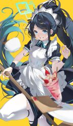 1girl absurdly_long_hair apron aqua_halo aris_(blue_archive) aris_(maid)_(blue_archive) black_dress black_hair blue_archive blue_eyes cup dress food green_halo halo highres holding holding_mop long_hair looking_at_viewer maid maid_apron maid_headdress mop mug official_alternate_costume parfait ponytail puffy_short_sleeves puffy_sleeves ramuri short_sleeves smile strawberry_parfait thighhighs very_long_hair white_apron white_thighhighs