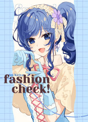 1girl :d absurdres aikatsu! aikatsu!_(series) blue_background blue_eyes blue_gloves blue_hair blue_shirt blush capelet character_name earrings english_text floral_print four-finger_heart_hands gloves grid_background heart heart_hands highres jewelry jiu kiriya_aoi long_sidelocks neck_ribbon open_mouth pink_ribbon ribbon shirt side_ponytail sidelocks smile solo wavy_hair wavy_sidelocks white_background yellow_capelet