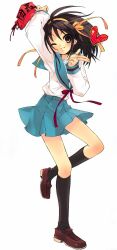 1girl absurdres black_socks blue_sailor_collar blue_skirt blush bob_cut brown_eyes brown_hair brown_shoes full_body hairband heart highres ito_noizi kita_high_school_uniform kneehighs loafers long_sleeves looking_at_viewer medium_hair one_eye_closed orange_hairband pleated_skirt red_ribbon ribbon sailor_collar school_uniform serafuku shoes simple_background skirt smile socks solo standing standing_on_one_leg suzumiya_haruhi suzumiya_haruhi_no_yuuutsu tachi-e white_background winter_uniform