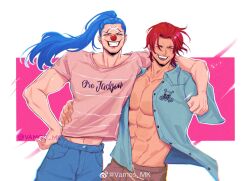 2boys abs absurdres amputee arm_around_shoulder blue_hair blue_pants blue_shirt border buggy_the_clown clown_nose facial_hair facing_viewer grin hand_on_another&#039;s_waist happy highres long_hair male_focus multiple_boys one_piece open_clothes open_shirt pants pectorals pink_shirt ponytail red_hair scar scar_across_eye scar_on_face shanks_(one_piece) shirt smile striped_clothes striped_shirt vamos_mk white_border