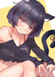 1girl absurdres animal_ears ass azur_lane bare_shoulders bell belt black_hair black_shirt black_shorts blunt_bangs breasts cat_ears cat_girl cat_tail classic_(zildjian33) cleavage cola collarbone commentary_request denim denim_shorts eyes_visible_through_hair head_tilt highres long_sleeves looking_at_viewer medium_breasts midriff official_alternate_costume panties panty_peek red_eyes revision shirt short_hair short_shorts shorts sidelocks simple_background sitting smile soda_bottle solo spaghetti_strap tail tail_bell tail_ornament thick_eyebrows two-tone_background underwear yamashiro_(azur_lane) yamashiro_(vacation_offensive!)_(azur_lane)