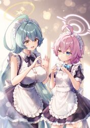 Rule 34 | 2girls, :/, :d, absurdres, ahoge, alternate costume, apron, aqua bow, aqua bowtie, aqua hair, black bow, black bowtie, black dress, black pantyhose, blue archive, blush, bow, bowtie, breasts, dress, ekura28, enmaided, flat chest, four-finger heart hands, frilled apron, frills, halo, heart, heart hands, heterochromia, highres, hoshino (blue archive), hoshino (first year) (blue archive), huge ahoge, large breasts, long hair, maid, maid apron, maid headdress, multiple girls, open mouth, pantyhose, petticoat, pink hair, puffy short sleeves, puffy sleeves, short hair, short sleeves, sleeveless, sleeveless dress, smile, straight hair, sweatdrop, thighs, very long hair, white apron, yume (blue archive)