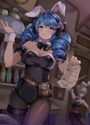 2girls alternate_costume animal animal_ears bare_shoulders battle_bunny_riven black_bow black_bowtie black_leotard blue_hair bow bowtie breasts brown_pantyhose cat cleavage covered_navel cowboy_shot detached_collar drill_hair fake_animal_ears grey_hair gwen_(league_of_legends) highres holding holding_bill holding_plate holding_tray holding_weapon kureko0w0 large_breasts league_of_legends leotard multiple_girls mushroom official_alternate_costume pantyhose plate playboy_bunny poppy_(league_of_legends) pouch rabbit_ears riven_(league_of_legends) short_hair tray twin_drills twintails weapon wrist_cuffs yuumi_(league_of_legends)
