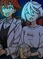 2girls ahoge ai-assisted animal_ears blue_eyes female_focus food grey_eyes gundam gundam_gquuuuuux gundam_suisei_no_majo hair_between_eyes highres jewelry long_hair low_ponytail miorine_rembran multiple_girls ponytail popcorn red_hair ring short_hair smile studio_makagi suletta_mercury sweat thick_eyebrows wedding_ring wife_and_wife