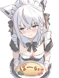 Rule 34 | 1girl, ahoge, alternate costume, animal ear piercing, animal ears, apron, black bow, black bowtie, black dress, black ribbon, blue eyes, blush, bow, bowtie, breasts, broccoli, daimyojin t, dress, extra ears, food, fox ears, fox girl, frilled apron, frills, from above, hair between eyes, hair ribbon, highres, hololive, ketchup, looking to the side, maid, maid apron, maid headdress, medium breasts, omelet, omurice, puffy short sleeves, puffy sleeves, ribbon, shirakami fubuki, short sleeves, simple background, tomato, virtual youtuber, white apron, white background, white hair, white wrist cuffs, wrist cuffs
