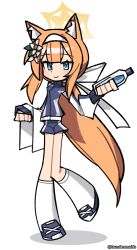 1girl animal_ear_fluff animal_ears blue_archive blue_eyes blue_jacket blue_shoes blue_shorts bottle bow bowtie cat_ears cat_girl closed_mouth flower hair_bow hair_flower hair_ornament hairband halo highres holding holding_bottle holding_towel jacket long_hair long_sleeves mari_(blue_archive) mari_(track)_(blue_archive) orange_hair school_uniform shoes shorts simple_background smile sneakers socks solo sportswear towel tsunderemaids water_bottle white_background white_bow white_bowtie white_flower white_hairband white_socks yellow_halo